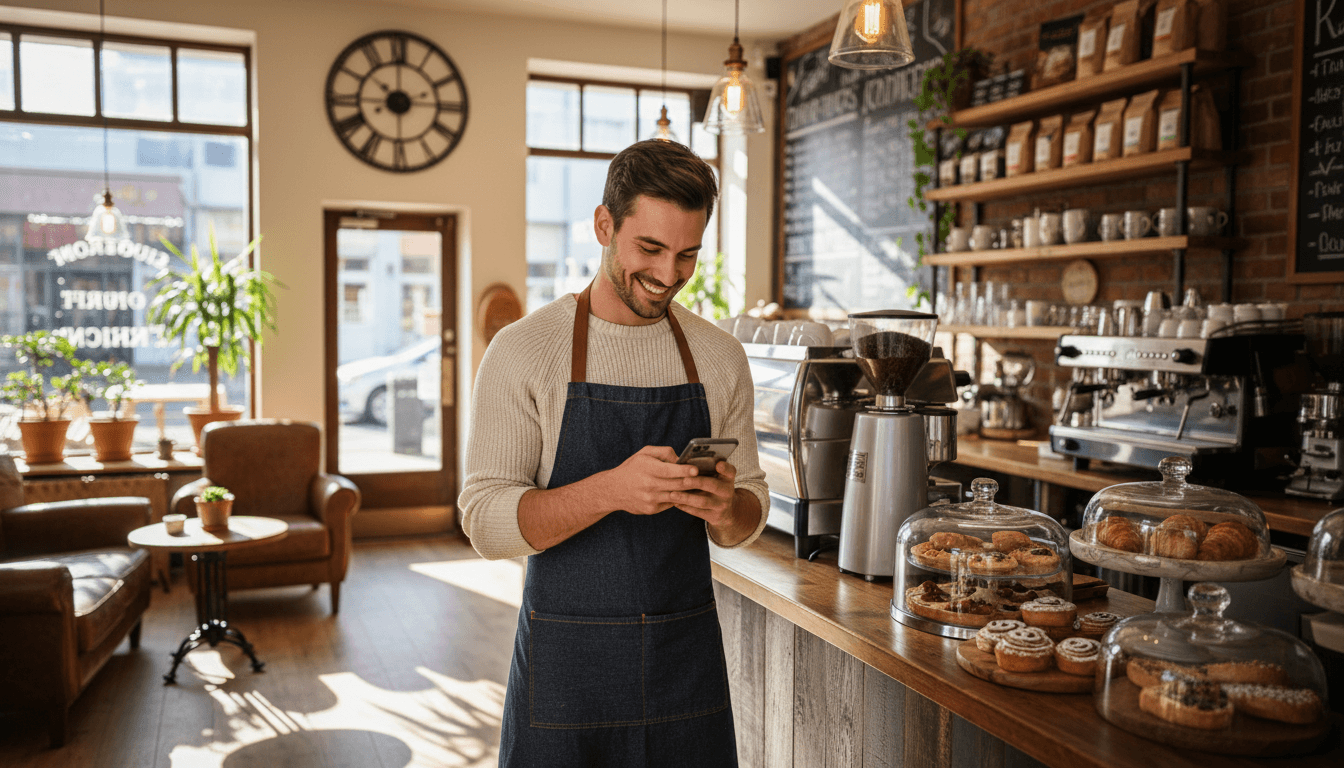 Café owner checking phone in warm, artisan coffee shop interior with espresso equipment, wooden décor, and natural afternoon light