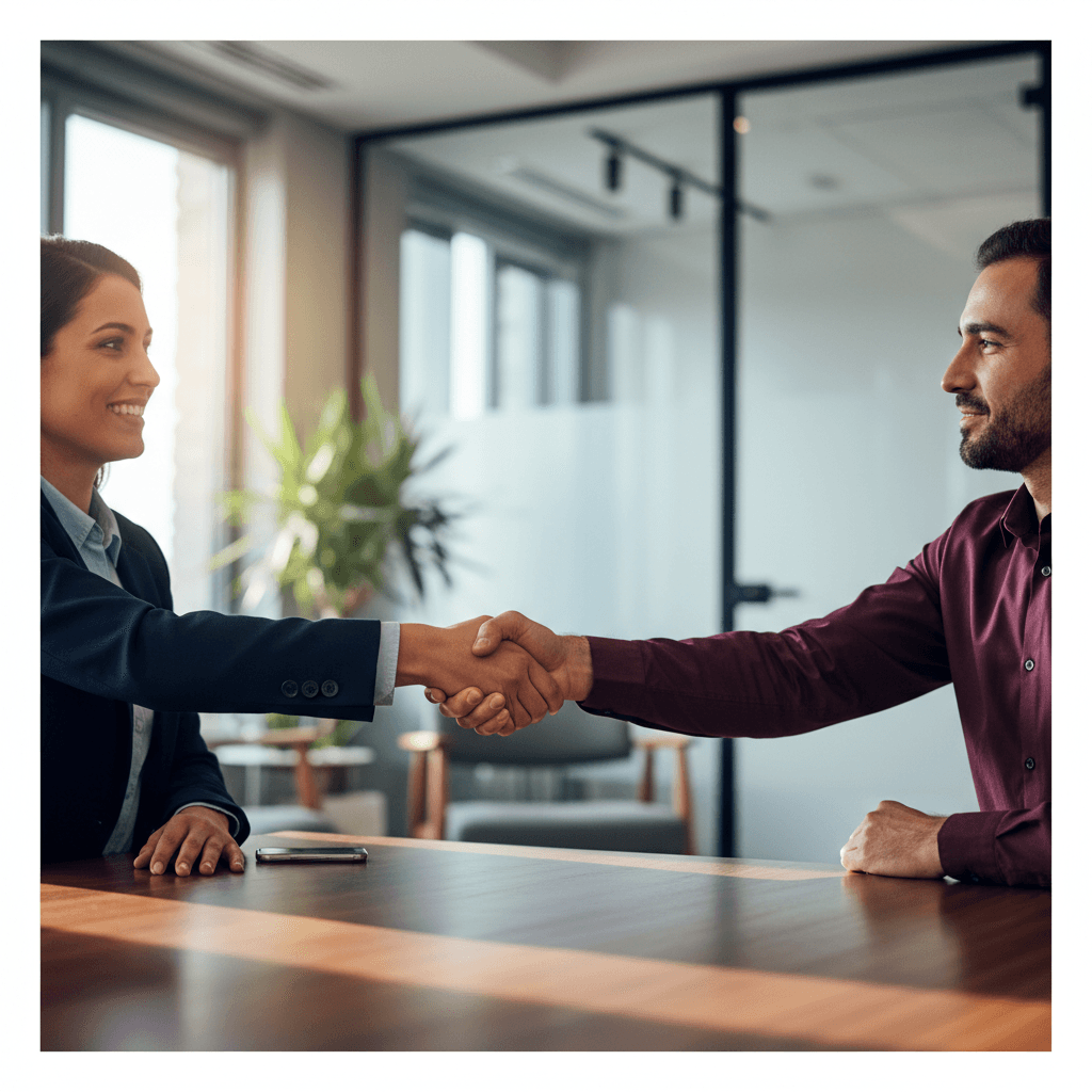 Two professionals shaking hands across a polished conference table with natural light and modern office interior in background