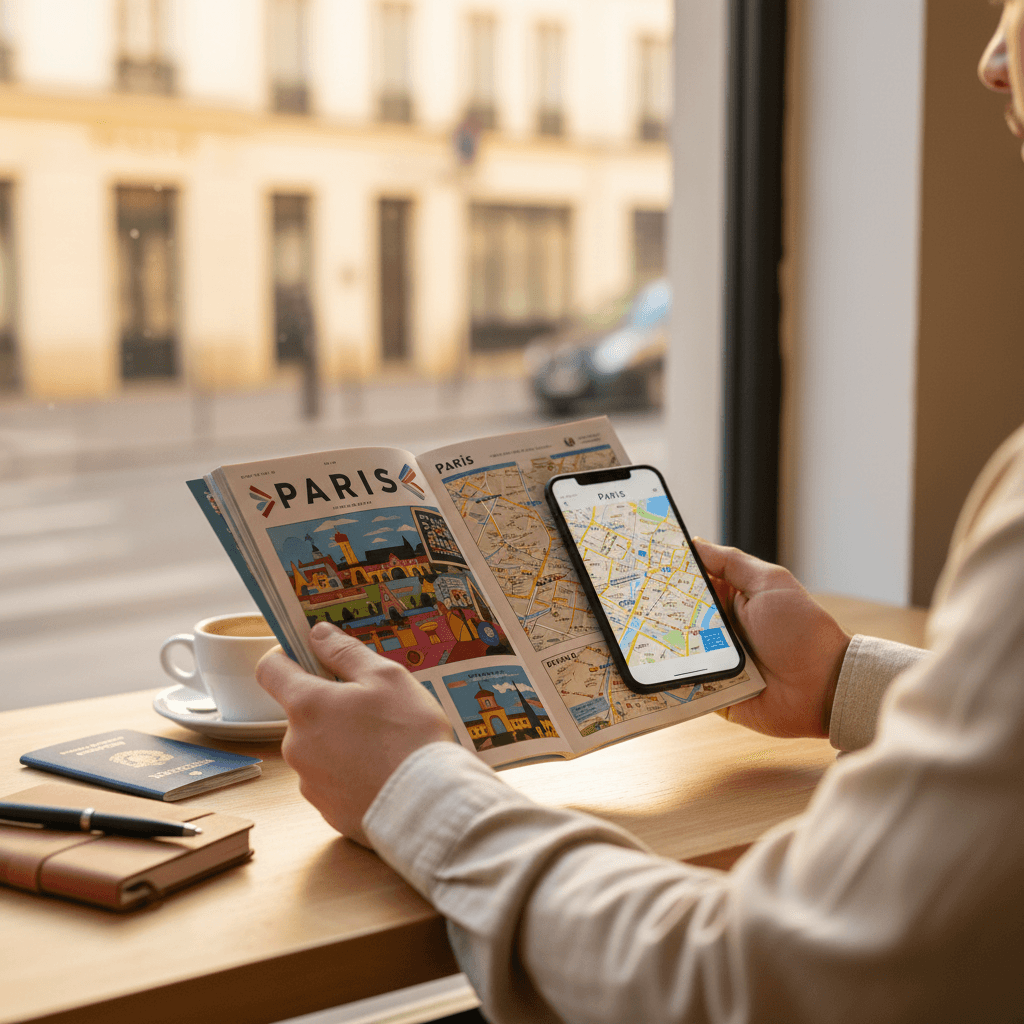 Tour operator showing a booking website on a tablet to a customer