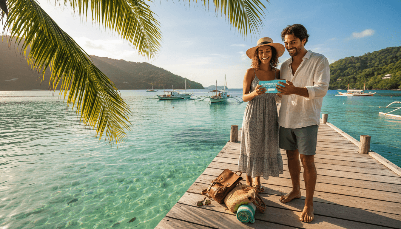 Traveler's hand holding a smartphone with a tour booking page