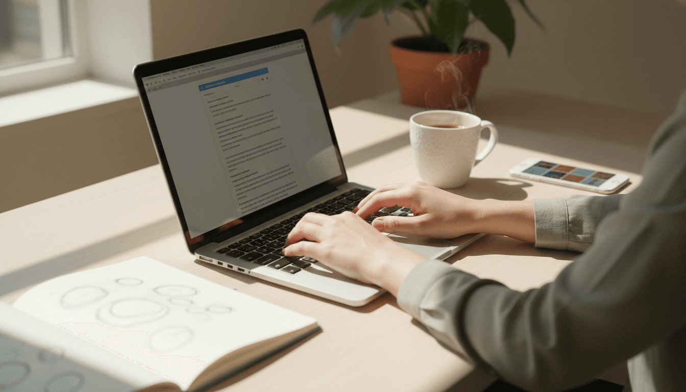Guesthouse office desk with laptop and phone showing a site with chatbot
